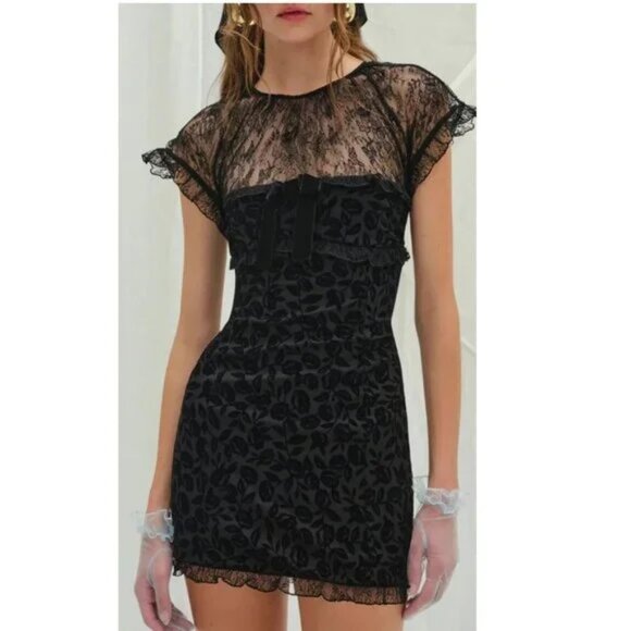 NWT FOR LOVE AND LEMONS MIDNIGHT VELVET FLORAL BURNOUT & LACE BLK MINI DRESS S - Picture 1 of 12